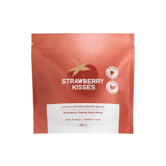 Limited edition kaffebönor Strawberry Kisses (samjäsning med jordgubbar), 200 g – från Coffee Friend – 162 kr – hos Coffee Friend