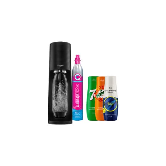 Kolsyrat vatten-beredare SodaStream Terra Black + sirap set (7Up x Mirinda x Energy) – från SodaStream – 985 kr – hos Coffee Friend