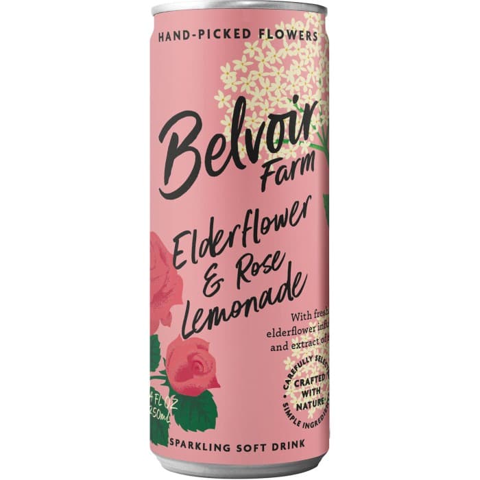 Belvoir Farm Mousserande Dryck Fläder/Ros Burk 250ml – från Belvoir Fruit Farms – 25 kr – hos Delitea