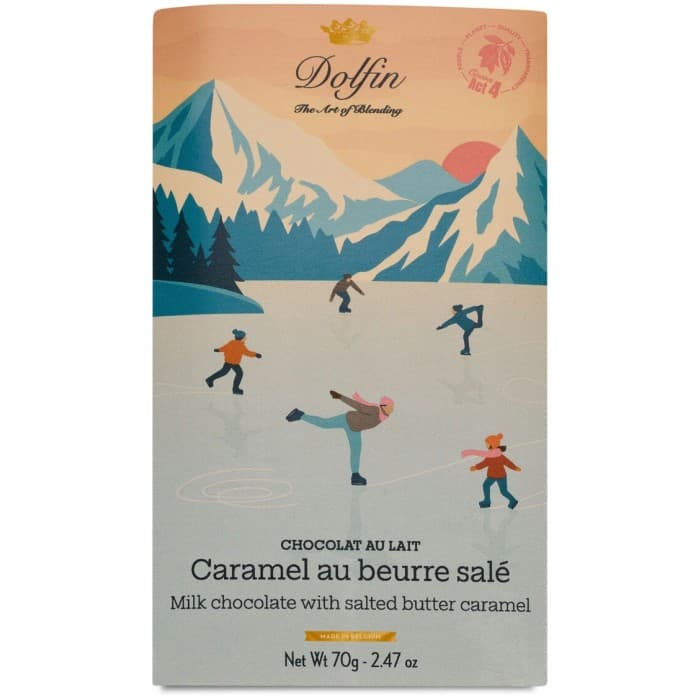 Dolfin Chokladkaka Vintermotiv Ljus Choklad med Salt Smörkola 70g