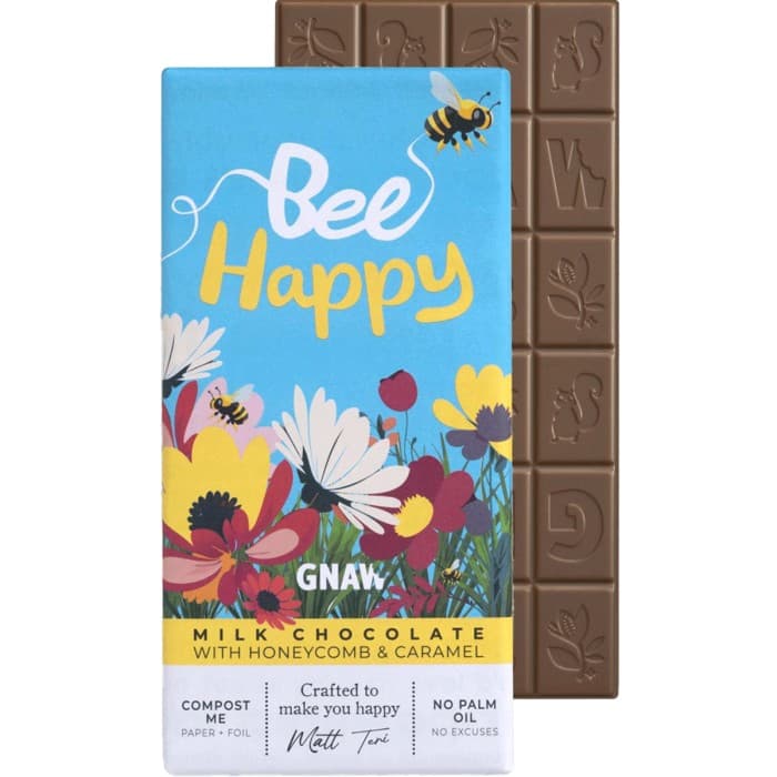 Gnaw Bee Happy Mjölkchokladkaka med Honeycomb och Karamell 80g – från Gnaw – 55 kr – hos Delitea
