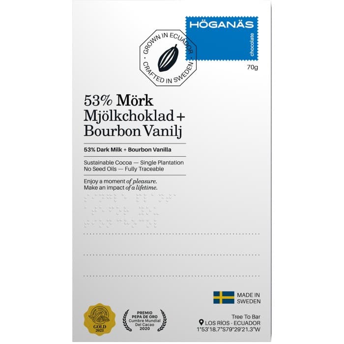 Höganäs Chocolate 53% Dark Mjölkchoklad & Bourbon Vanilj 70g - från Höganäs Chocolate - 65 kr - hos Delitea