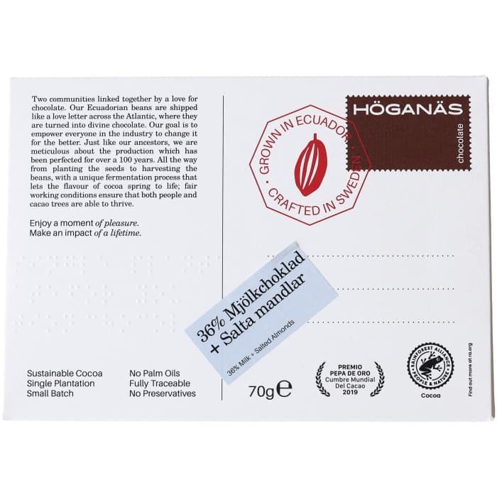 Höganäs Chocolate Mjölkchoklad 36% & Saltade Mandlar 70g från Höganäs Chocolate – köp hos Delitea