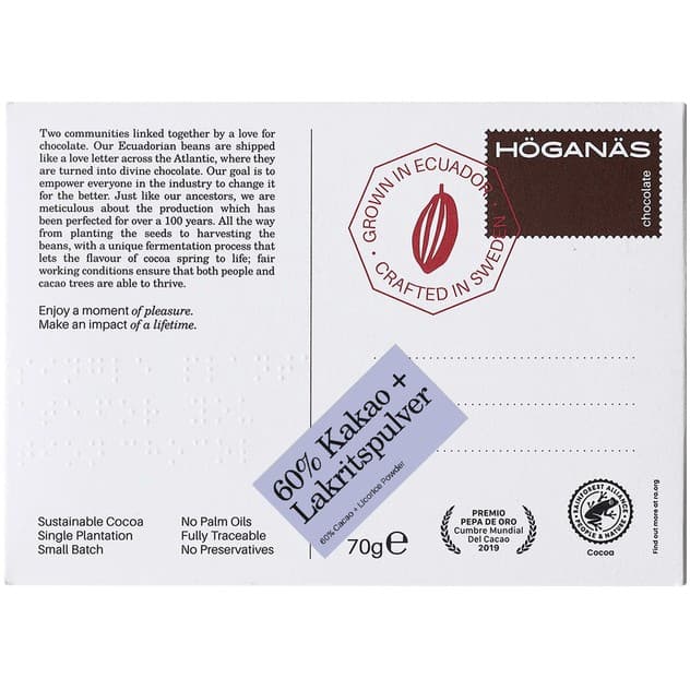 Höganäs Chocolate Mörk Choklad 60% & Lakritspulver 70g från Höganäs Chocolate – köp hos Delitea