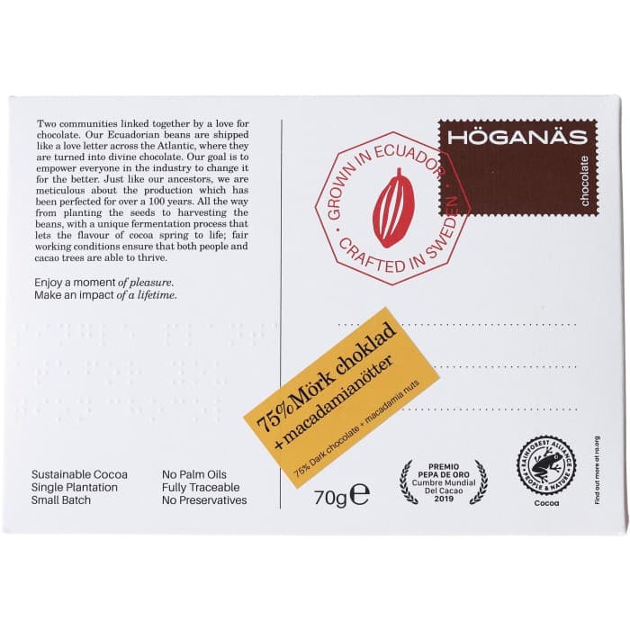 Höganäs Chocolate Mörk Choklad 75% & Macadamianötter 70g – från Höganäs Chocolate – 62 kr – hos Delitea