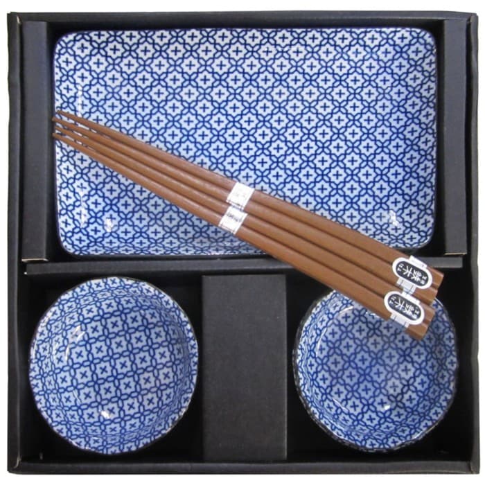 Kanewaka Sushi Plate Set Traditionellt Blått Mönster