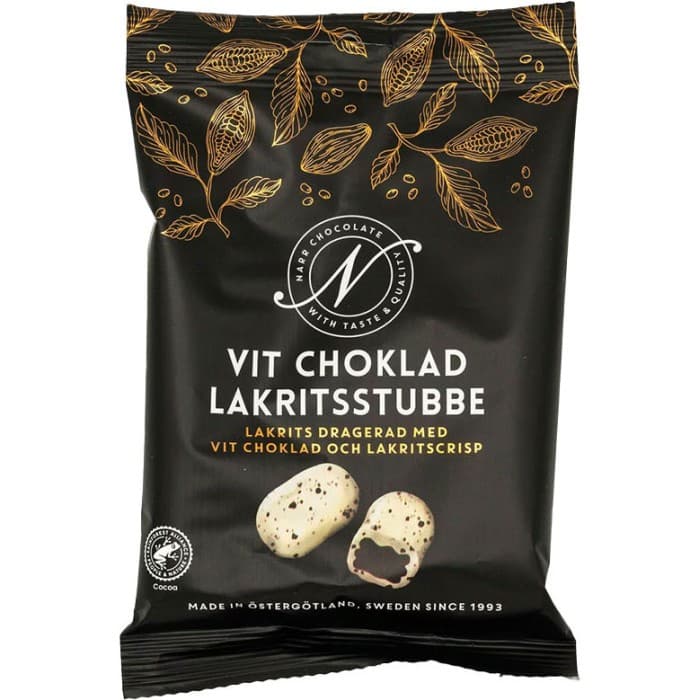 Narr Chocolate Vit Choklad Lakritsstubbe 100g – från Narr Chocolate – 29 kr – hos Delitea