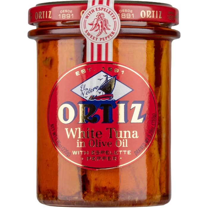 Ortiz Vit Tonfisk Bonito del Norte med Espelette Glasburk 220g – från Ortiz – 149 kr – hos Delitea
