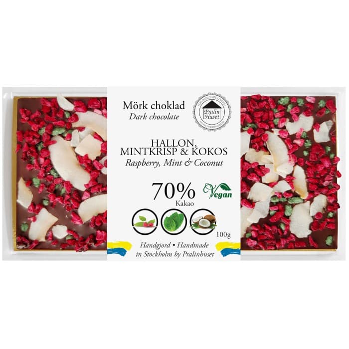 Pralinhuset 70% Choklad Hallon, Mint & Kokos 100g – från Pralinhuset – 99 kr – hos Delitea