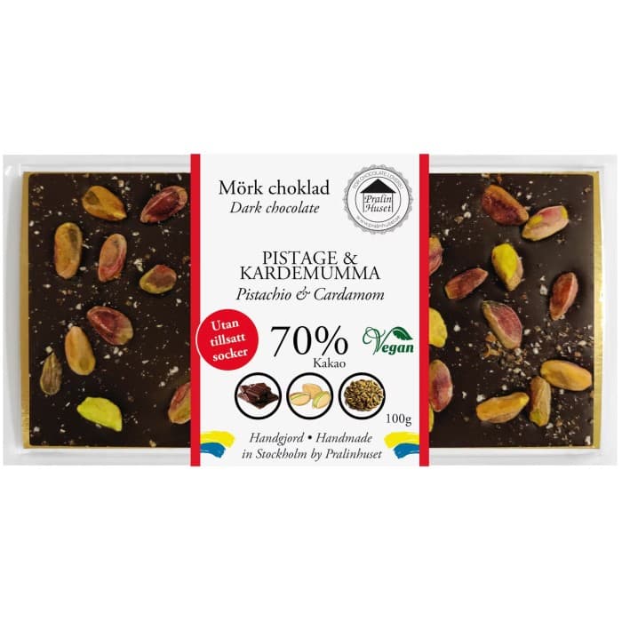 Pralinhuset 70% Choklad Pistage & Kardemumma utan tillsatt Socker 100g från Pralinhuset – köp hos Delitea