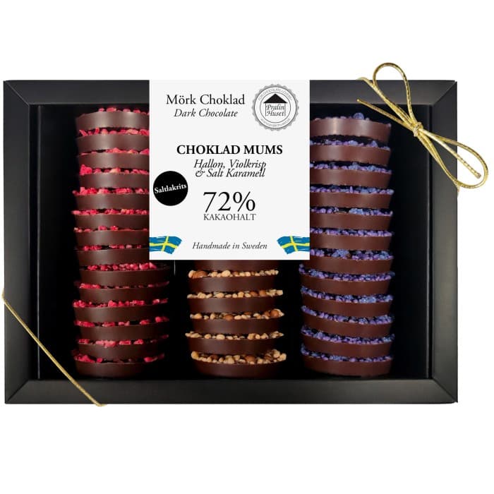Pralinhuset Choklad MUMS 72% Saltlakrits Hallon, Violkrisp & Salt Karamell 340g – från Pralinhuset – 355 kr – hos Delitea