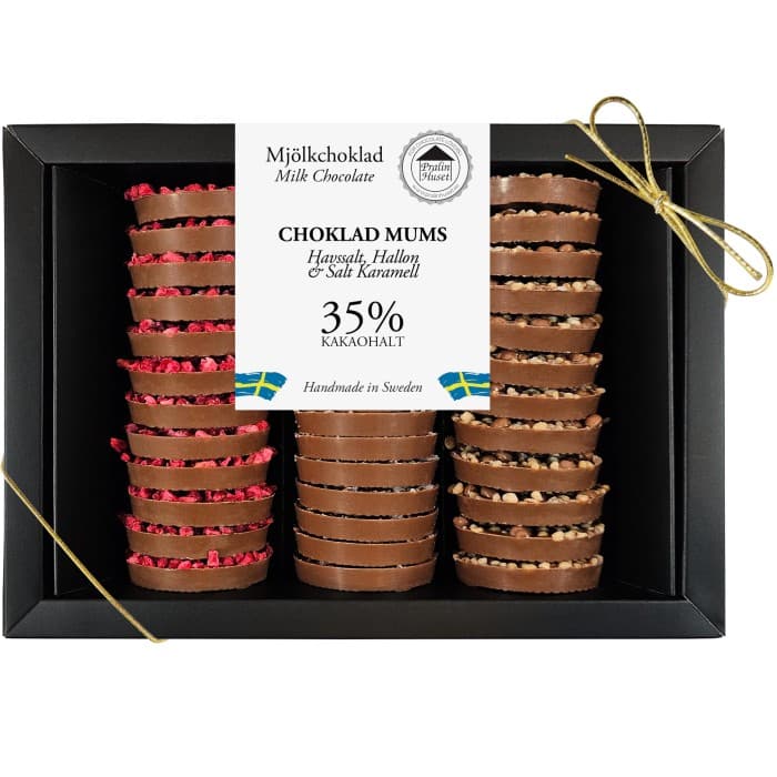 Pralinhuset Choklad Mums 35% Havssalt, Hallon & Salt Karamell 360g – från Pralinhuset – 355 kr – hos Delitea