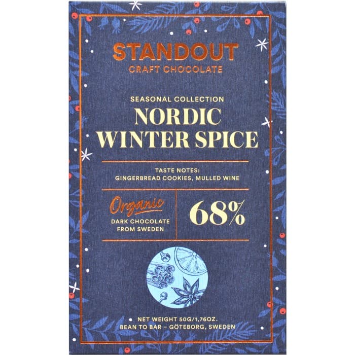 Standout Chocolate Nordic Winter Spice Mörk Choklad 68% 50g – från Standout Chocolate – 65 kr – hos Delitea