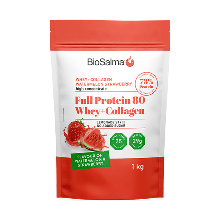 Full Protein 80 Whey+Collagen Watermelon Strawberry 1 kg – från BioSalma – 239 kr – hos Bodystore