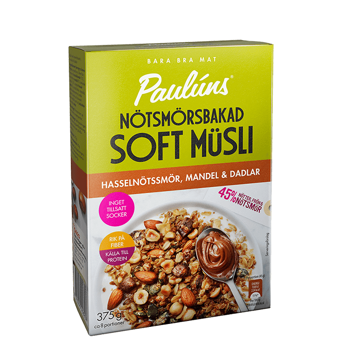 Soft Müsli Hasselnötssmör Mandel Dadlar 375 g – från Paulúns – 59 kr – hos Bodystore