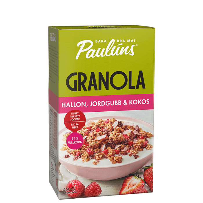 Granola Hallon Jordgubb Kokos 450 g från Paulúns – köp hos Bodystore