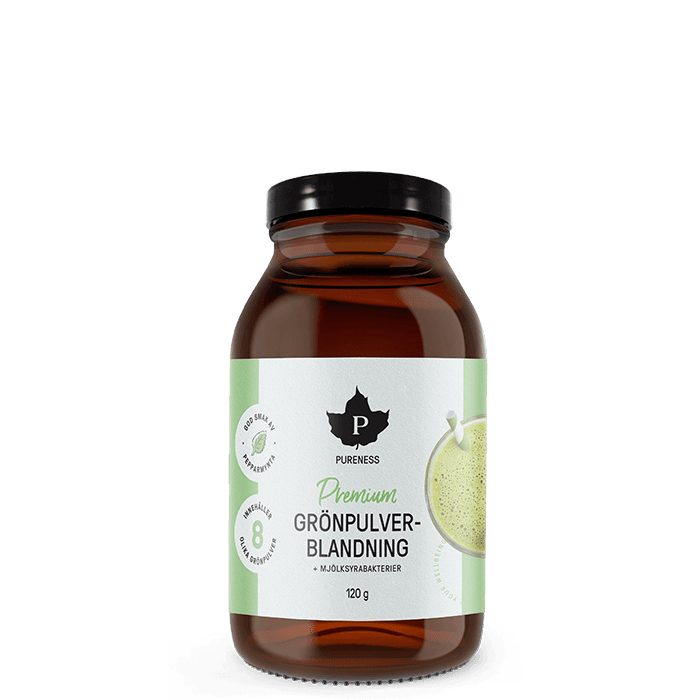 Premium Grönpulverblandning + mjölksyrabakterier 120 g – från Pureness – 127 kr – hos Bodystore