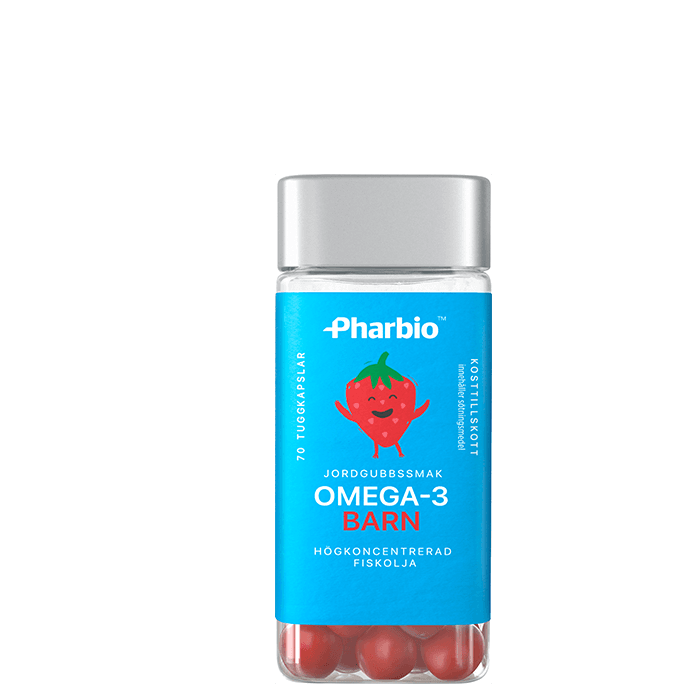 Omega-3 Barn Jordgubb 70 tuggkapslar – från Pharbio – 179 kr – hos Bodystore