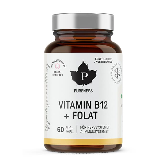 Vitamin B12 + Folat Hallon 60 sugtabletter – från Pureness – 135 kr – hos Bodystore