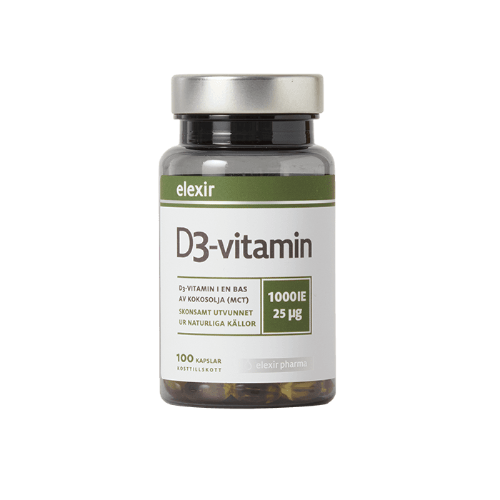 D3-vitamin 25 mcg 1000 IE 100 kapslar – från Elexir Pharma – 84 kr – hos Bodystore