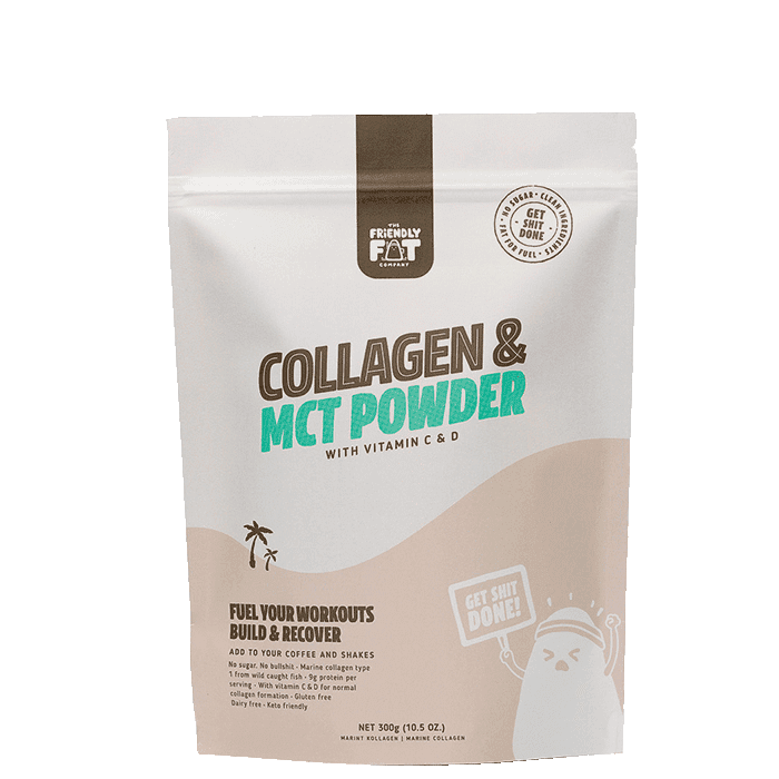 Kollagen & MCT-pulver med Vitamin C & D 300 g – från The Friendly Fat Company – 263 kr – hos Bodystore