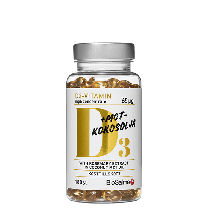D3-vitamin 65µg i MCT-kokosolja 180 kapslar – från BioSalma – 90 kr – hos Bodystore