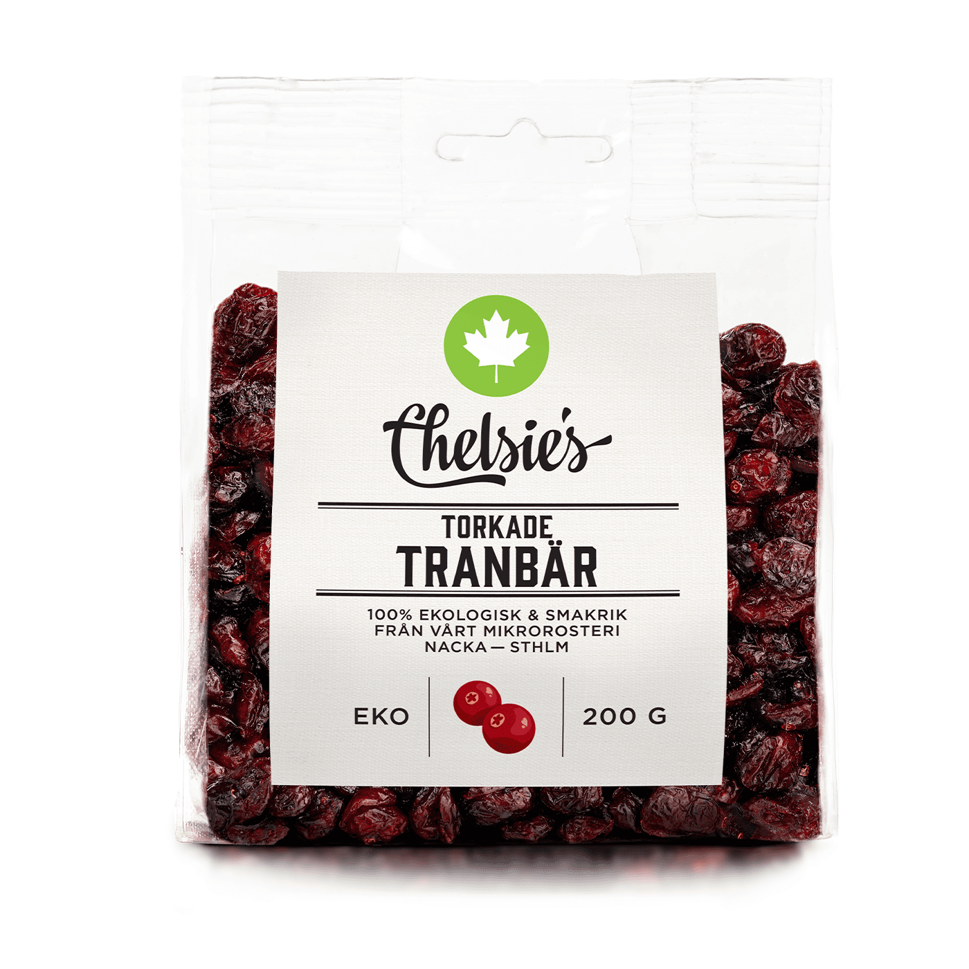 Torkade Tranbär 200 g – från Chelsie s Organic Gourmet Prod – 65 kr – hos Bodystore