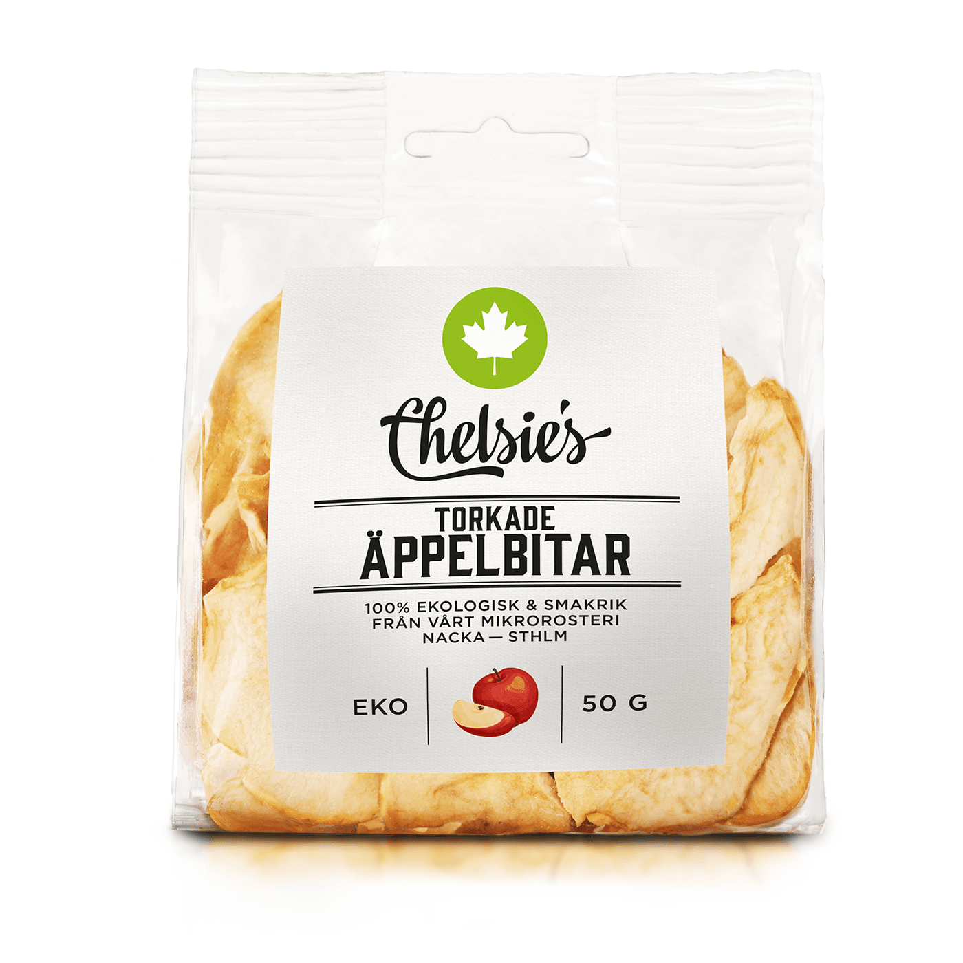 Torkade Äppelbitar 50 g – från Chelsie s Organic Gourmet Prod – 35 kr – hos Bodystore