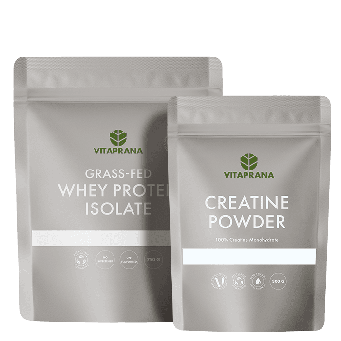 Vassleproteinisolat Grass-fed 750 g + Creatine powder 300 g – från Vitaprana – 489 kr – hos Bodystore