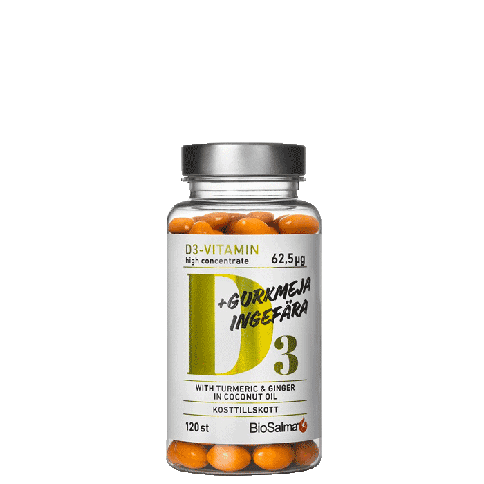 D3-Vitamin + Gurkmeja Ingefära 120 kapslar från BioSalma – köp hos Bodystore