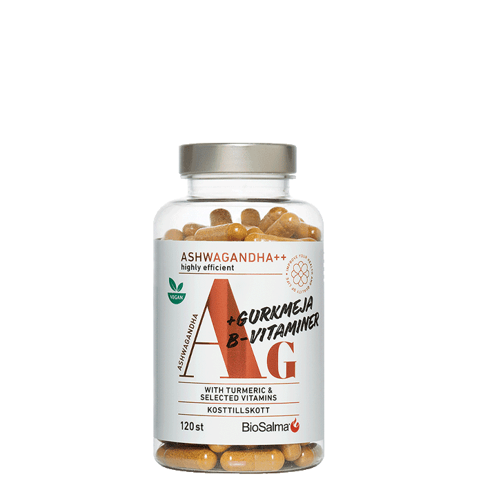 Ashwagandha + Gurkmeja B-vitaminer 120 kapslar – från BioSalma – 135 kr – hos Bodystore