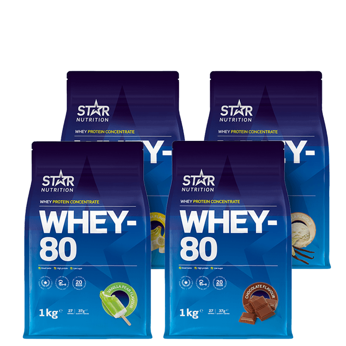 Mix&Match: 4 x Whey-80 Vassleprotein 1 kg från Star Nutrition – köp hos Bodystore