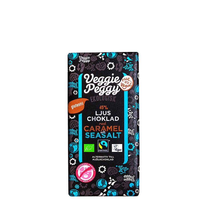 Choklad Karamell & Havssalt 85 g – från Veggie Peggy – 34 kr – hos Bodystore