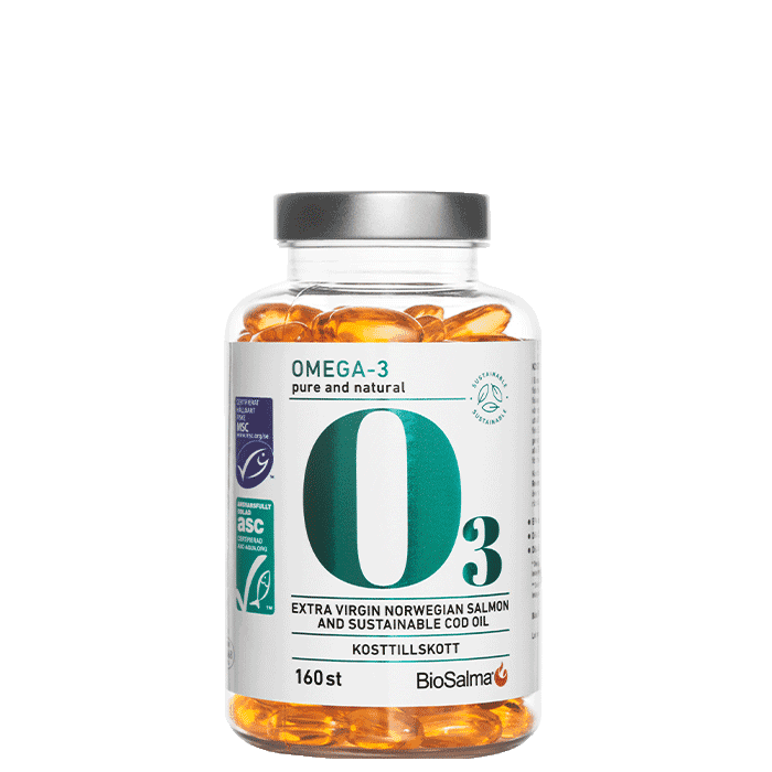 Miljömärkt Omega-3 160 kapslar – från BioSalma – 95 kr – hos Bodystore
