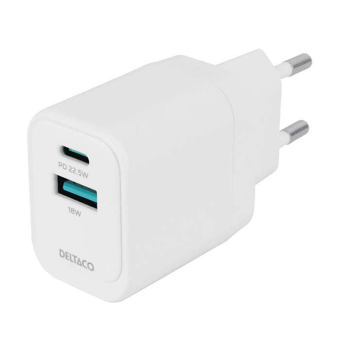 USB-väggladdare med 1x USB-A 18W och 1x USB-C PD 20W Vit – från Deltaco – 249 kr – hos Bodystore